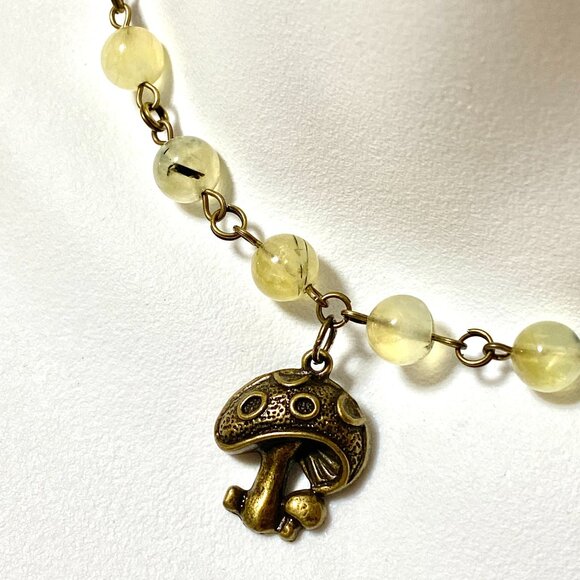 Natural Yellow Green Prehnite Necklace, Bronze Round Mushroom + Genuine Gemstone - Picture 1 of 16